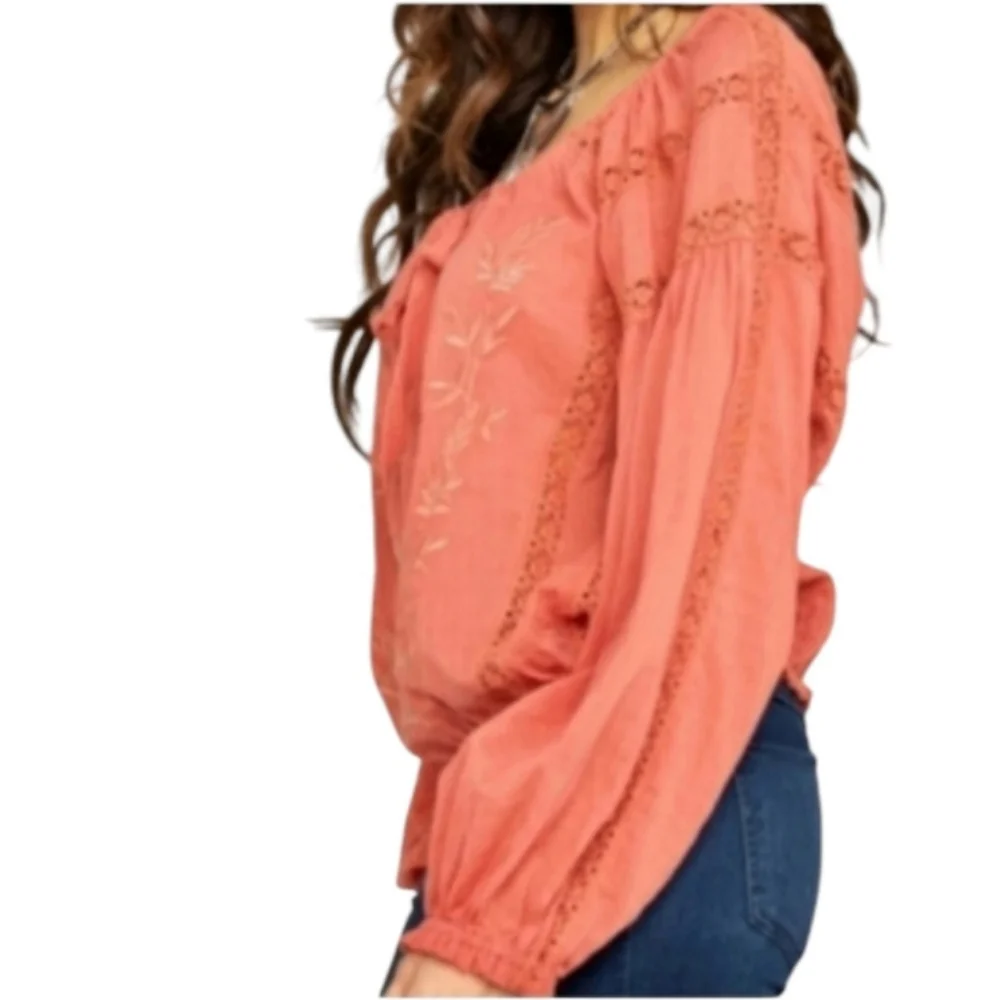 Free People Maria Maria Embroidered Top in Athena Puff Sleeve Size XS